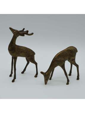 Brass Deer Figurines Vintage Mid Century Set of 2 - Buck is 6.5" Tall
